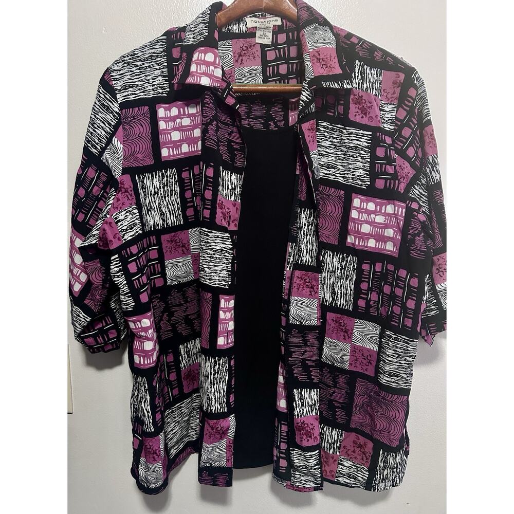 Notations Women's Blouse Size 2X Pink/Black Short Sleeve Button Up Lagenlook